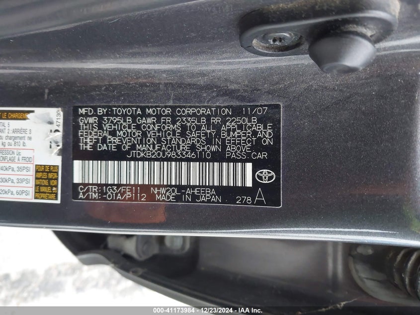 2008 TOYOTA PRIUS VIN: JTDKB20U983346110