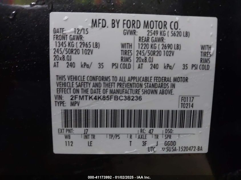 VIN 2FMTK4K85FBC38236 2015 FORD EDGE no.9