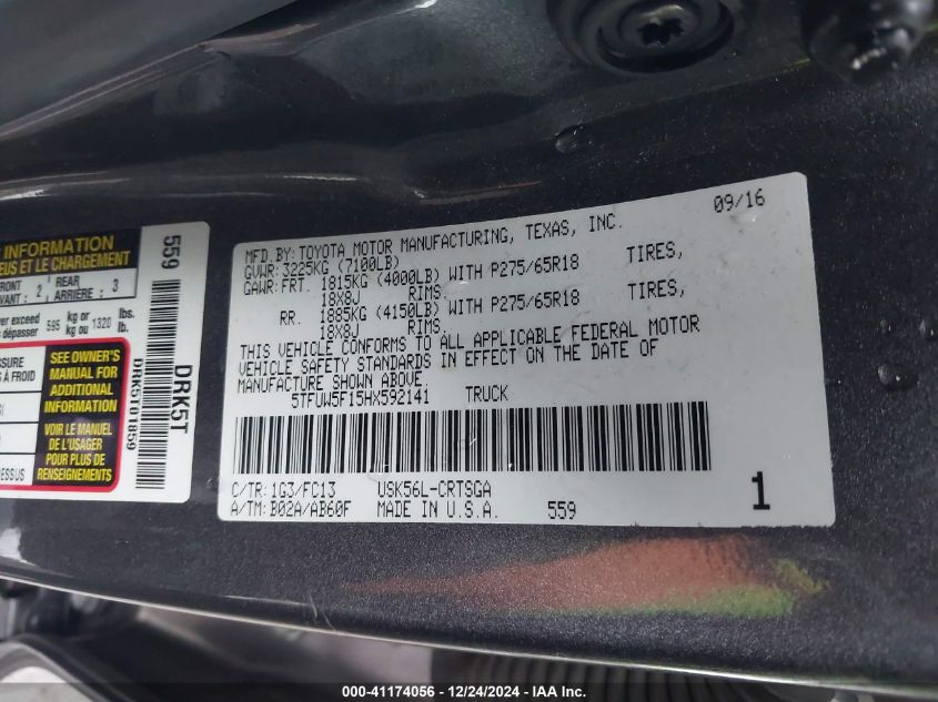 VIN 5TFUW5F15HX592141 2017 Toyota Tundra, Sr5 5.7L V8 no.9