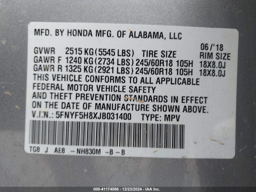 VIN 5FNYF5H8XJB031400 2018 Honda Pilot, Ex-L no.9