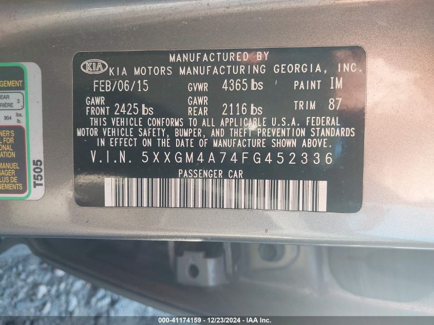 VIN 5XXGM4A74FG452336 2015 KIA Optima, LX no.9