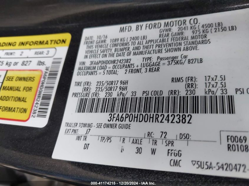 VIN 3FA6P0HD0HR242382 2017 Ford Fusion, SE no.9