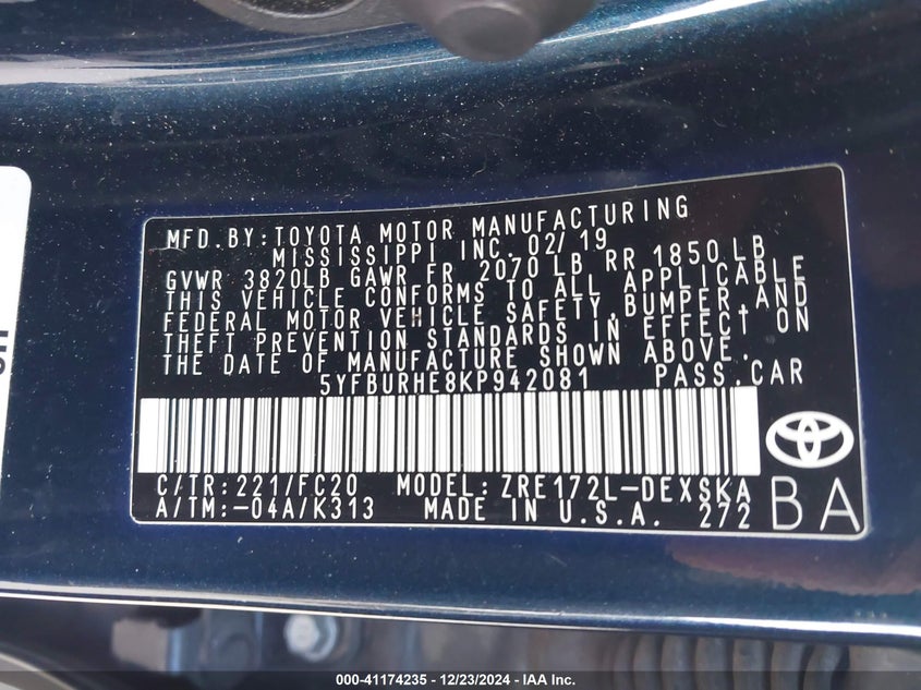 2019 TOYOTA COROLLA VIN: 5YFBURHE8KP942081