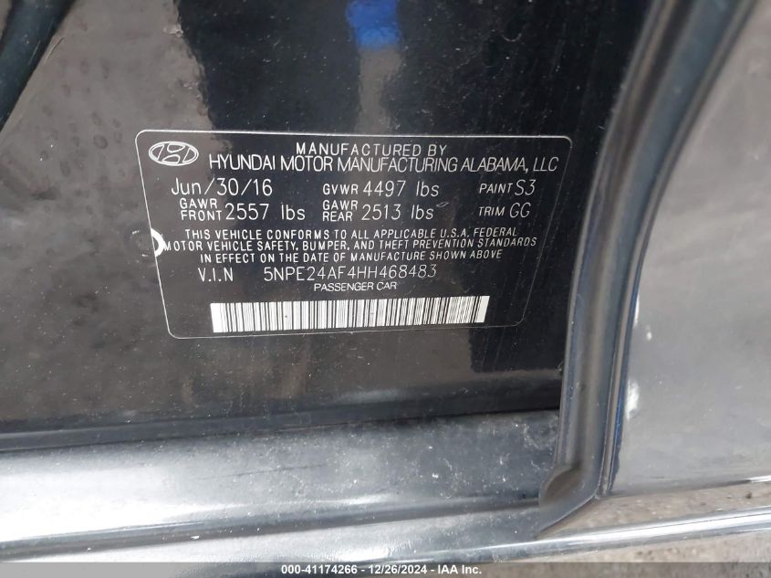 VIN 5NPE24AF4HH468483 2017 HYUNDAI SONATA no.9