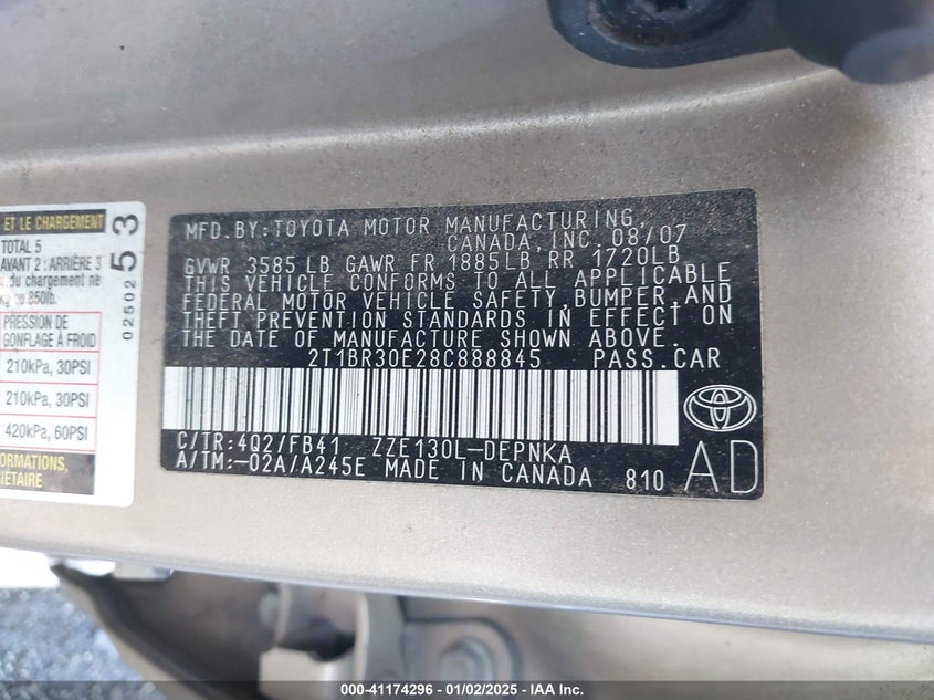 2008 TOYOTA COROLLA VIN: 2T1BR30E28C888845