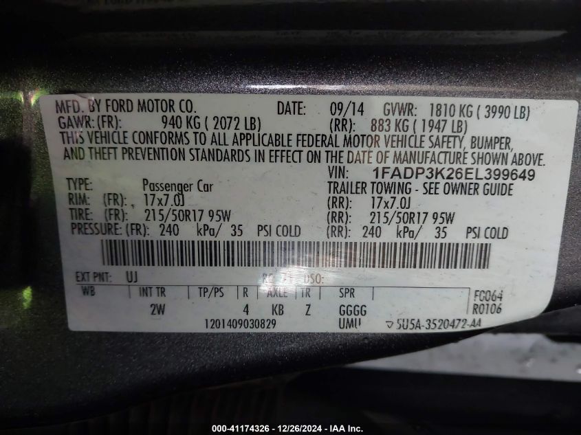 VIN 1FADP3K26EL399649 2014 Ford Focus, SE no.9