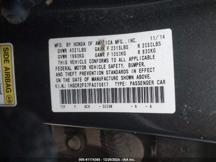 VIN 1HGCR2F57FA070617 2015 Honda Accord, Sport no.9