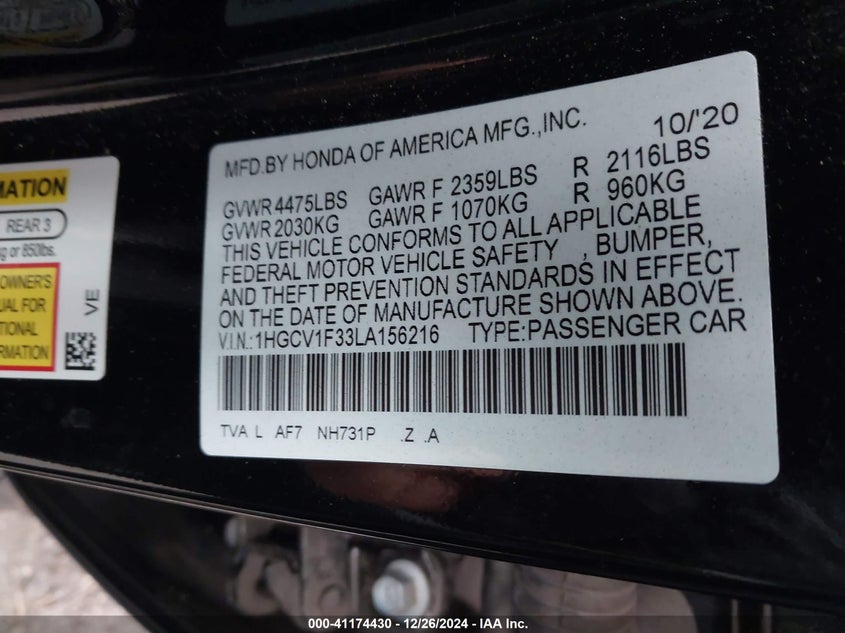 2020 HONDA ACCORD SPORT - 1HGCV1F33LA156216