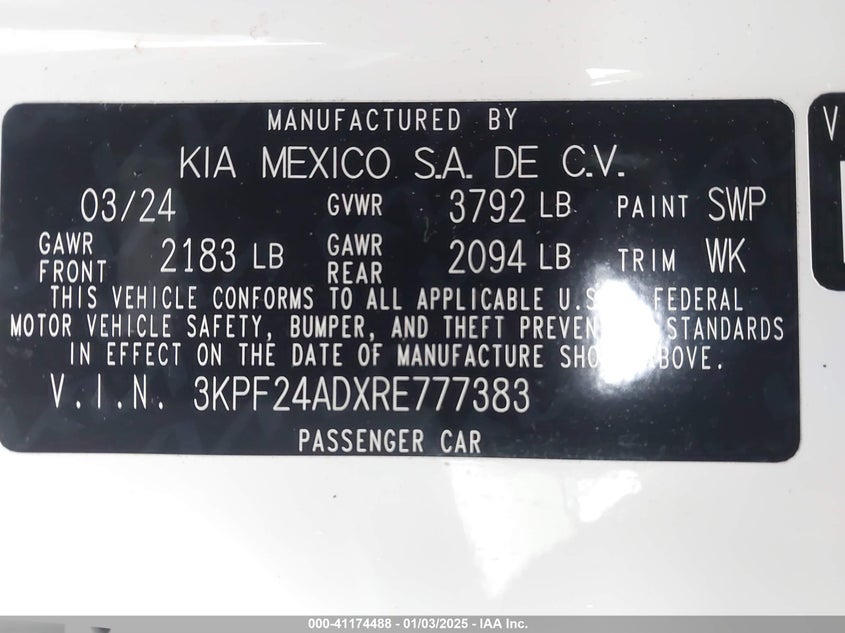 2024 KIA FORTE VIN: 3KPF24ADXRE777383