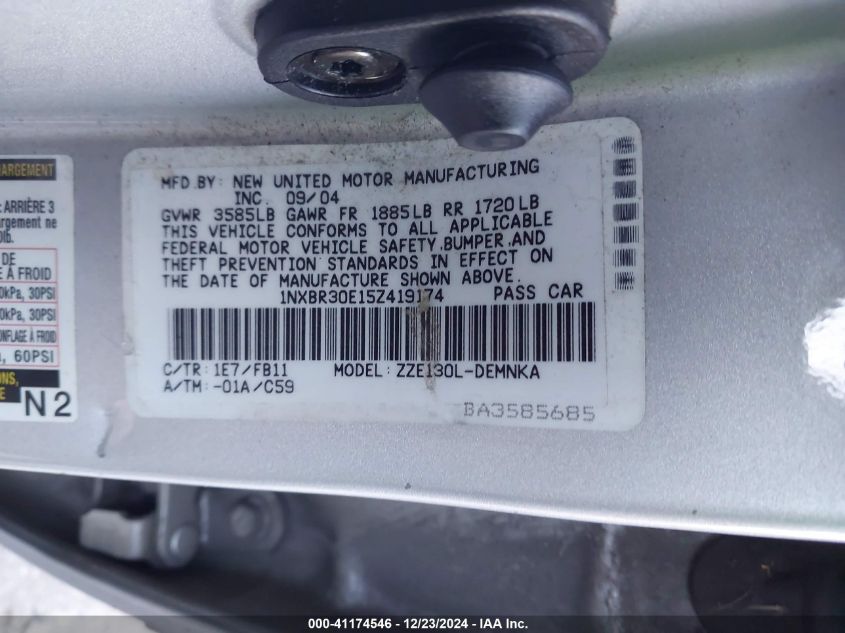 2005 Toyota Corolla Le VIN: 2T1BR30E25C503005 Lot: 41174546