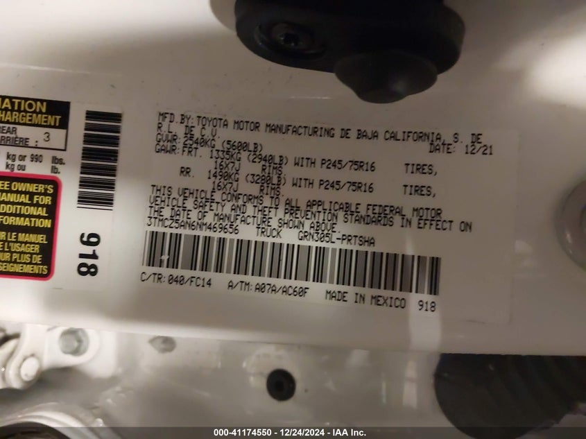 2022 TOYOTA TACOMA VIN: 3TMCZ5AN6NM469656