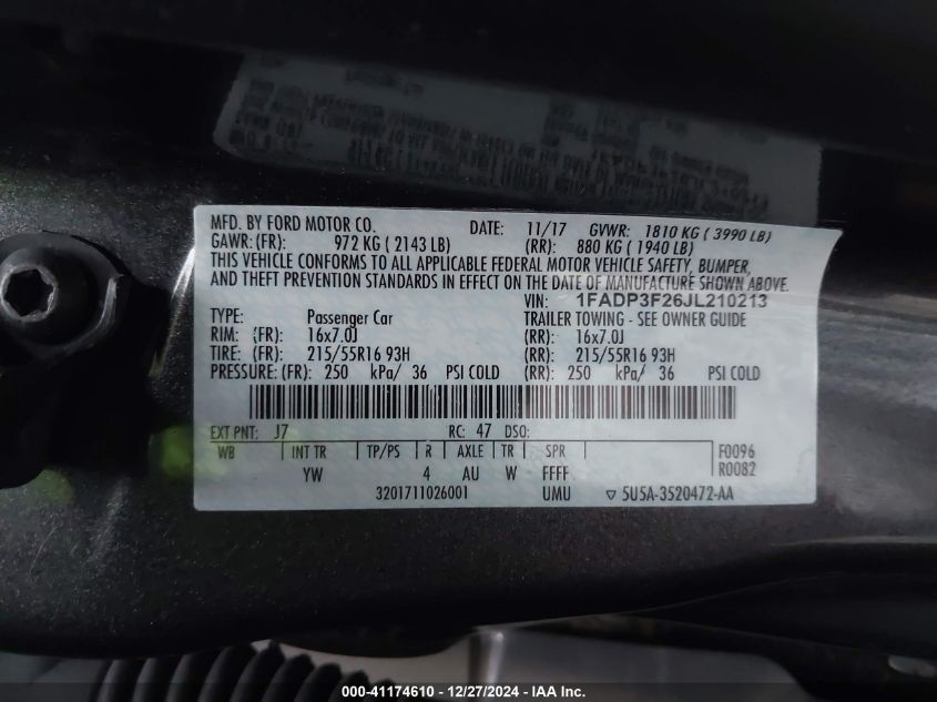 VIN 1FADP3F26JL210213 2018 Ford Focus, SE no.9