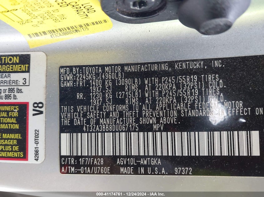 2013 TOYOTA VENZA VIN: 4T3ZA3BB8DU067175