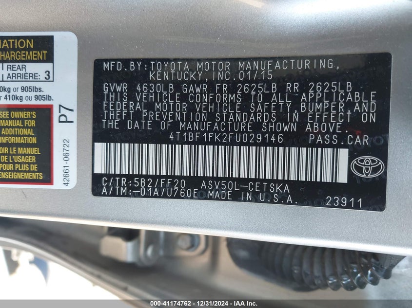 2015 TOYOTA CAMRY VIN: 4T1BF1FK2FU029146