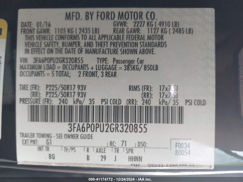 VIN 3FA6P0PU2GR320855 2016 Ford Fusion, Energi Se L... no.9