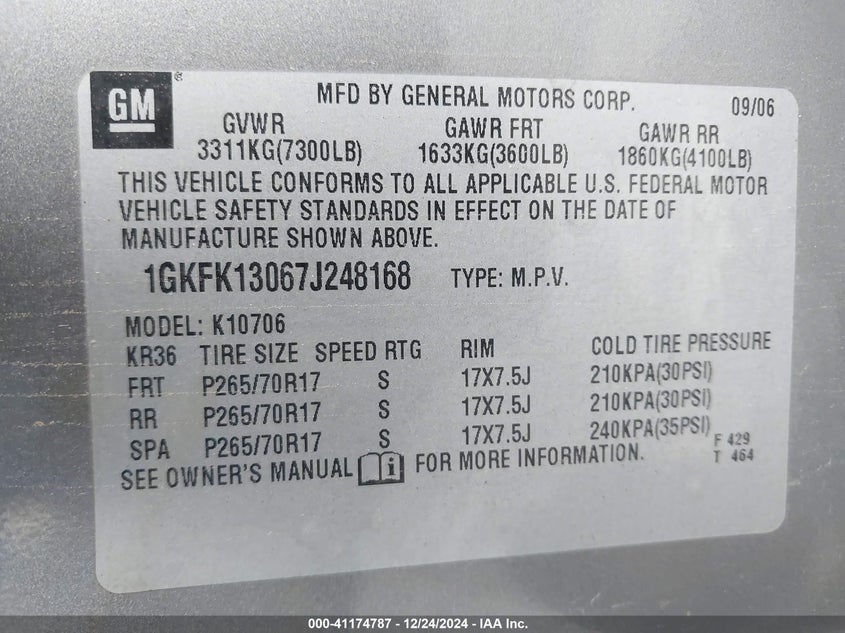 2007 GMC YUKON VIN: 1GKFK13067J248168