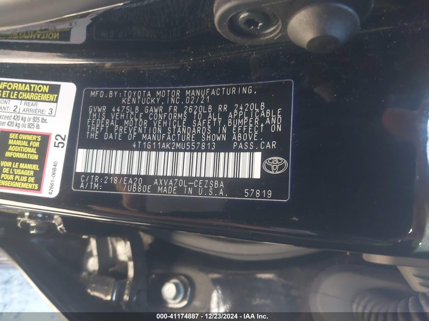 2021 TOYOTA CAMRY VIN: 4T1G11AK2MU557813
