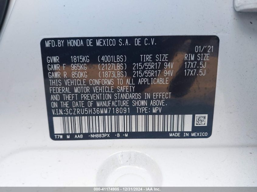 VIN 3CZRU5H36MM718091 2021 HONDA HR-V no.9