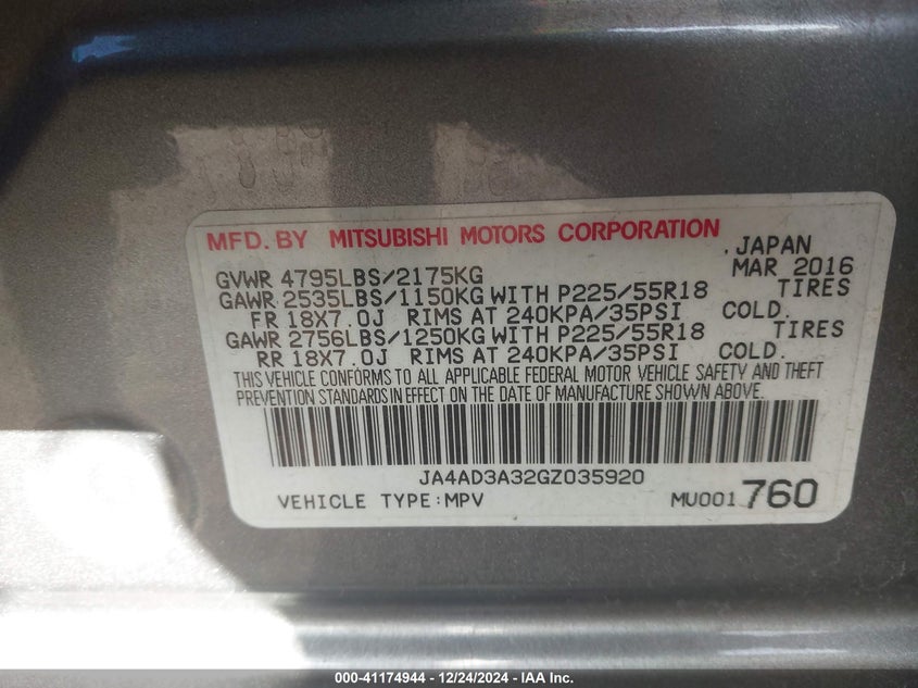 2016 MITSUBISHI OUTLANDER VIN: JA4AD3A32GZ035920