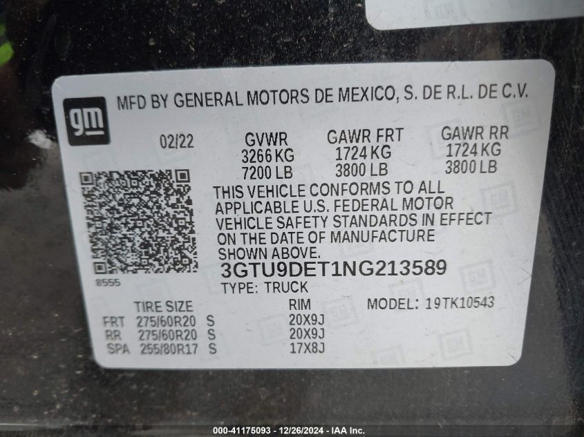 2022 GMC Sierra 1500 Limited 4Wd Short Box Slt VIN: 3GTU9DET1NG213589 Lot: 41175093