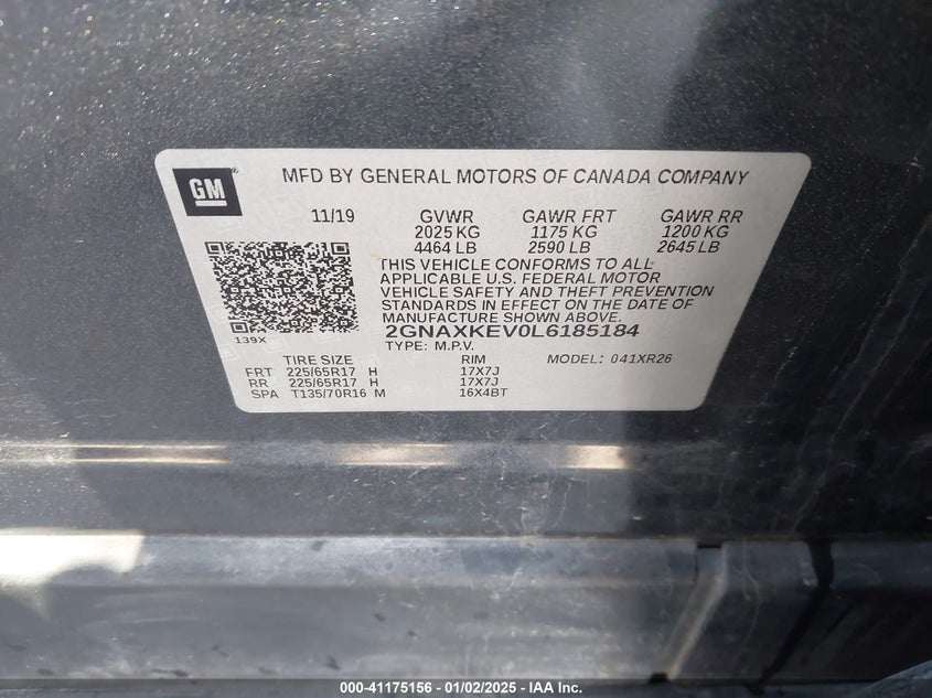 2020 CHEVROLET EQUINOX VIN: 2GNAXKEV0L6185184