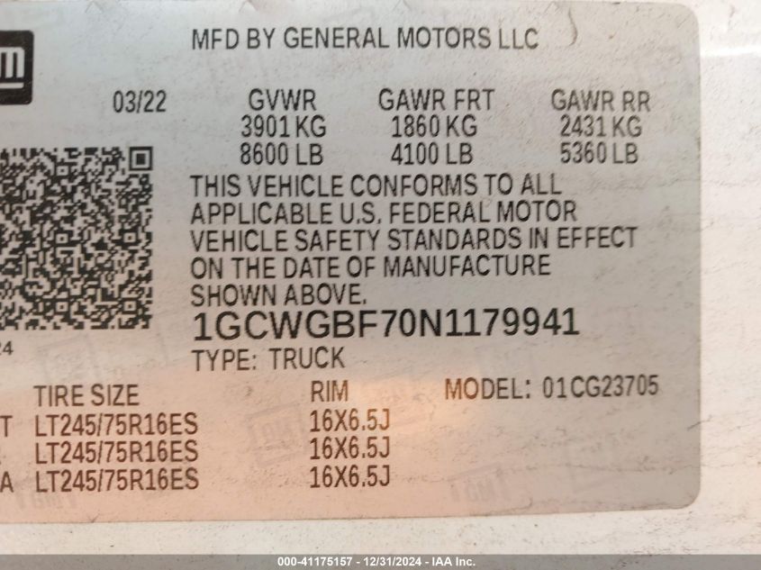 VIN 1GCWGBF70N1179941 2022 CHEVROLET EXPRESS CARGO no.9