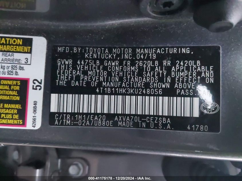 VIN 4T1B11HK3KU248056 2019 Toyota Camry, SE no.9