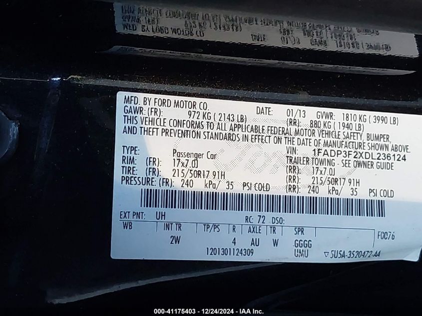 VIN 1FADP3F2XDL236124 2013 Ford Focus, SE no.9