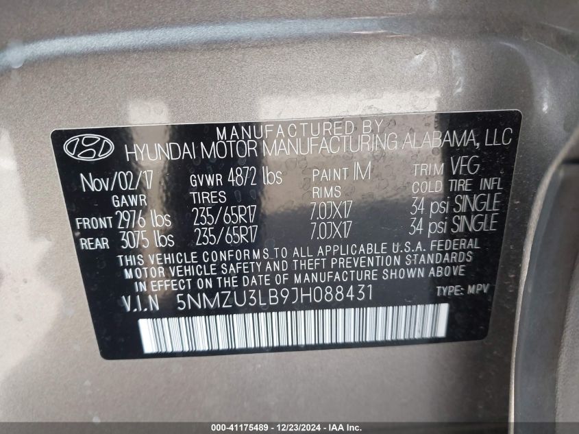 VIN 5NMZU3LB9JH088431 2018 Hyundai Santa Fe, Sport... no.9