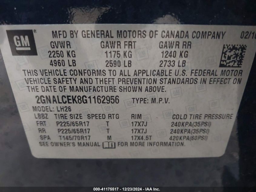 VIN 2GNALCEK8G1162956 2016 Chevrolet Equinox, LT no.9