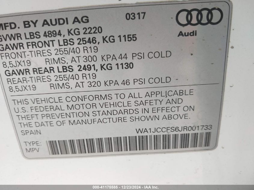 VIN WA1JCCFS6JR001733 2018 Audi Q3, 2.0T Premium/2.... no.9