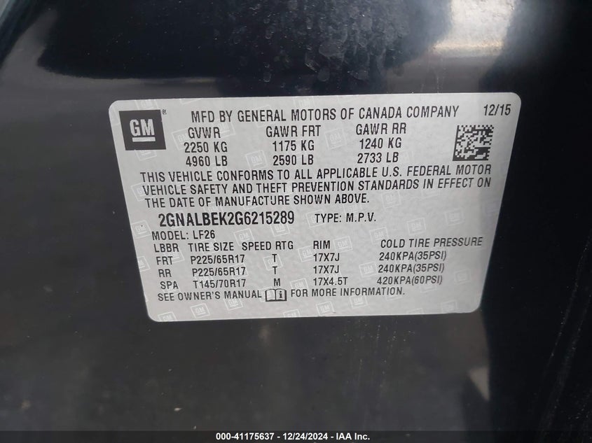 2016 CHEVROLET EQUINOX VIN: 2GNALBEK2G6215289