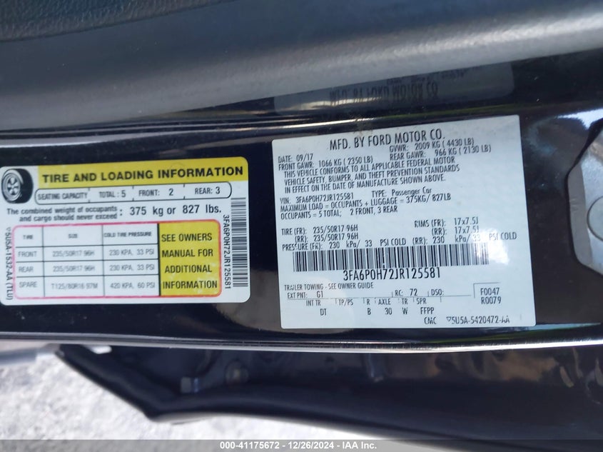 2018 FORD FUSION VIN: 3FA6P0H72JR125581