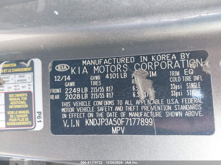 VIN KNDJP3A50F7177899 2015 KIA SOUL no.9