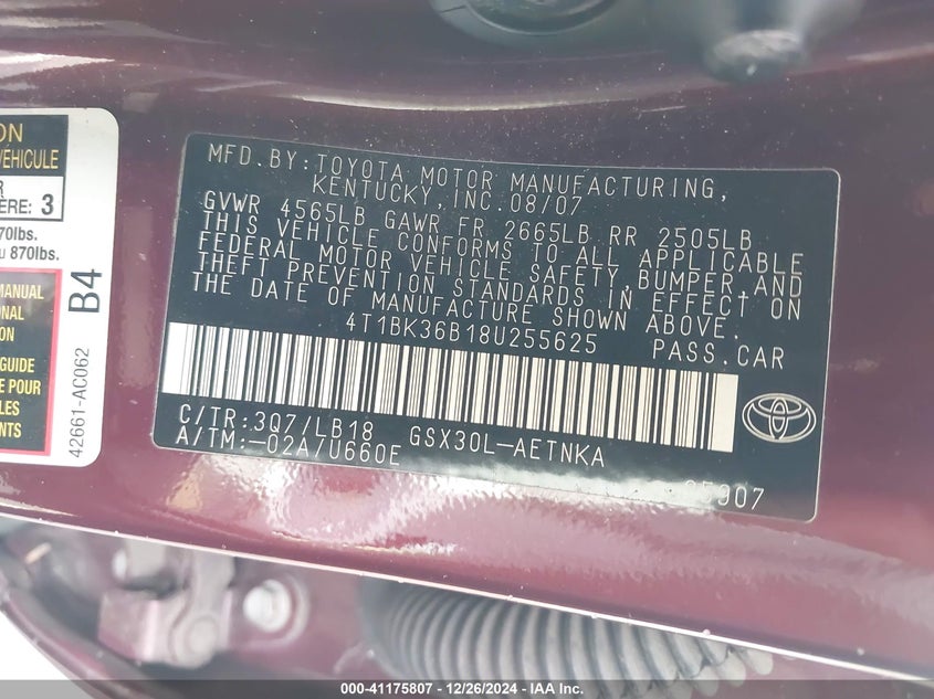 2008 TOYOTA AVALON VIN: 4T1BK36B18U255625