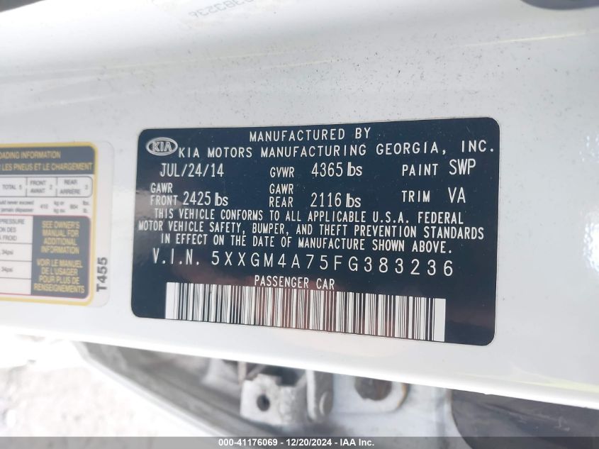 VIN 5XXGM4A75FG383236 2015 KIA Optima, LX no.9