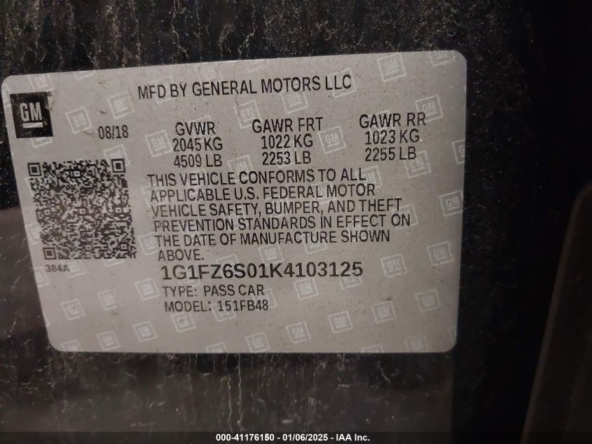 VIN 1G1FZ6S01K4103125 2019 CHEVROLET BOLT EV no.9