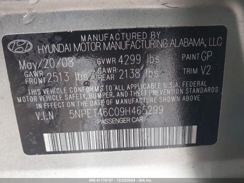 2009 Hyundai Sonata Gls VIN: 5NPET46C09H465299 Lot: 41176157