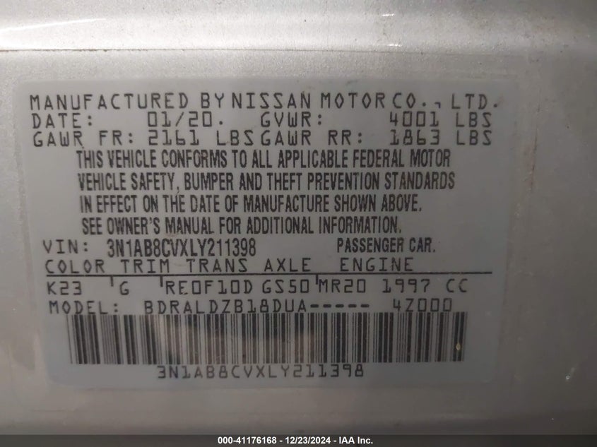 2020 NISSAN SENTRA VIN: 3N1AB8CVXLY211398