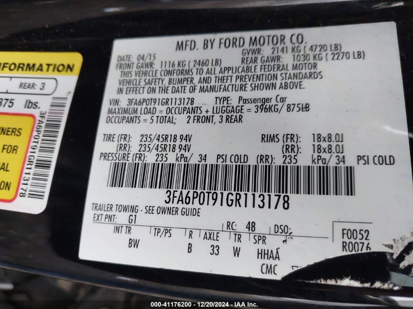 VIN 3FA6P0T91GR113178 2016 FORD FUSION no.9