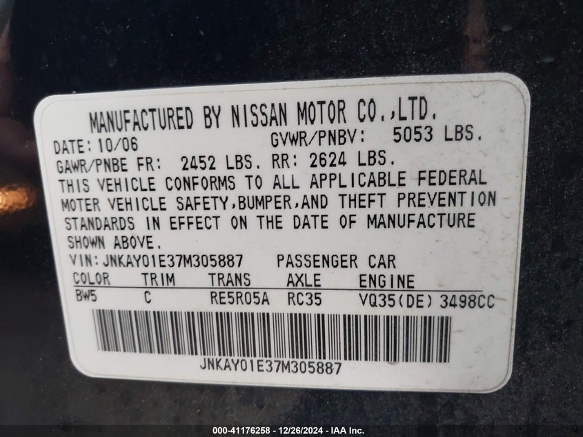 2007 INFINITI M35 VIN: JNKAY01E37M305887