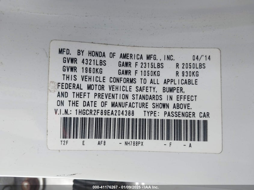 2014 HONDA ACCORD VIN: 1HGCR2F89EA204388