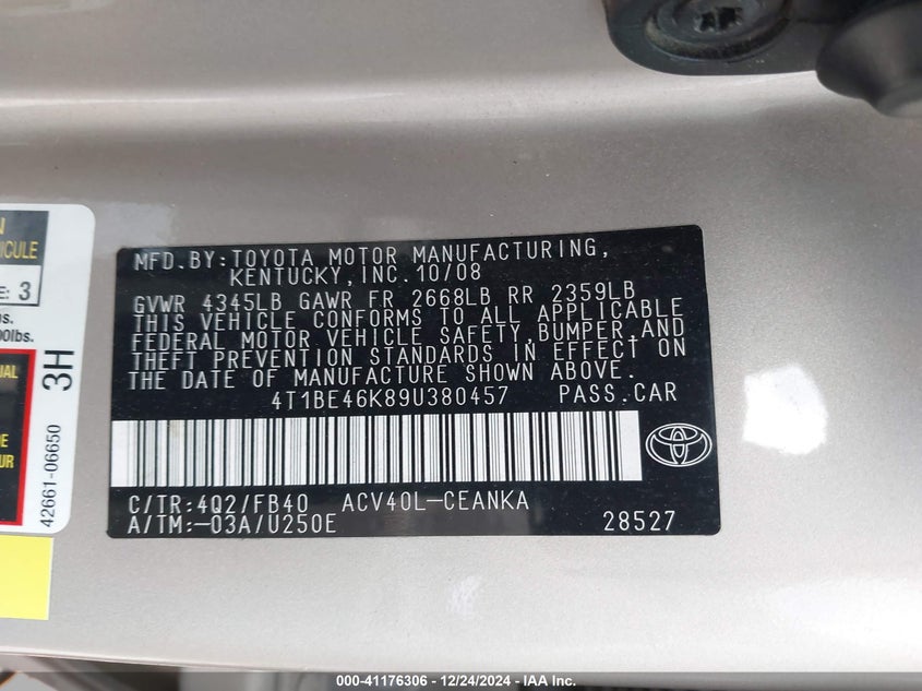 2009 TOYOTA CAMRY VIN: 4T1BE46K89U380457