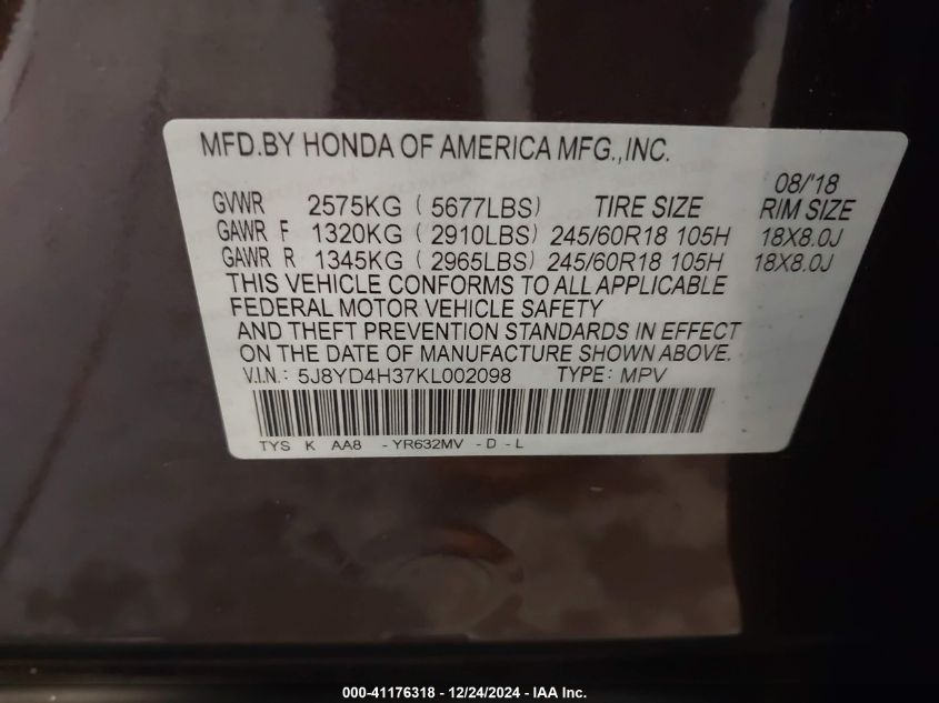 VIN 5J8YD4H37KL002098 2019 Acura MDX, Standard no.9