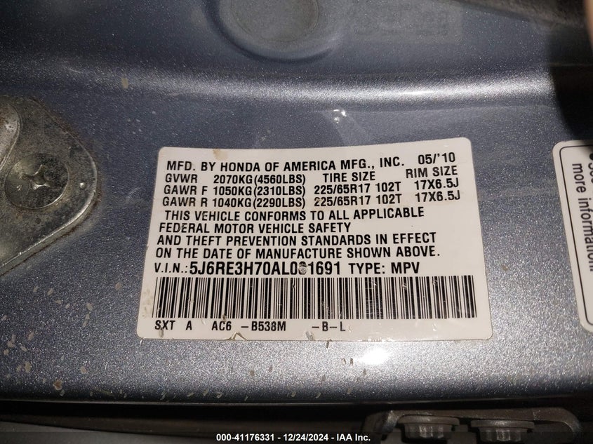 2010 HONDA CR-V VIN: 5J6RE3H70AL031691