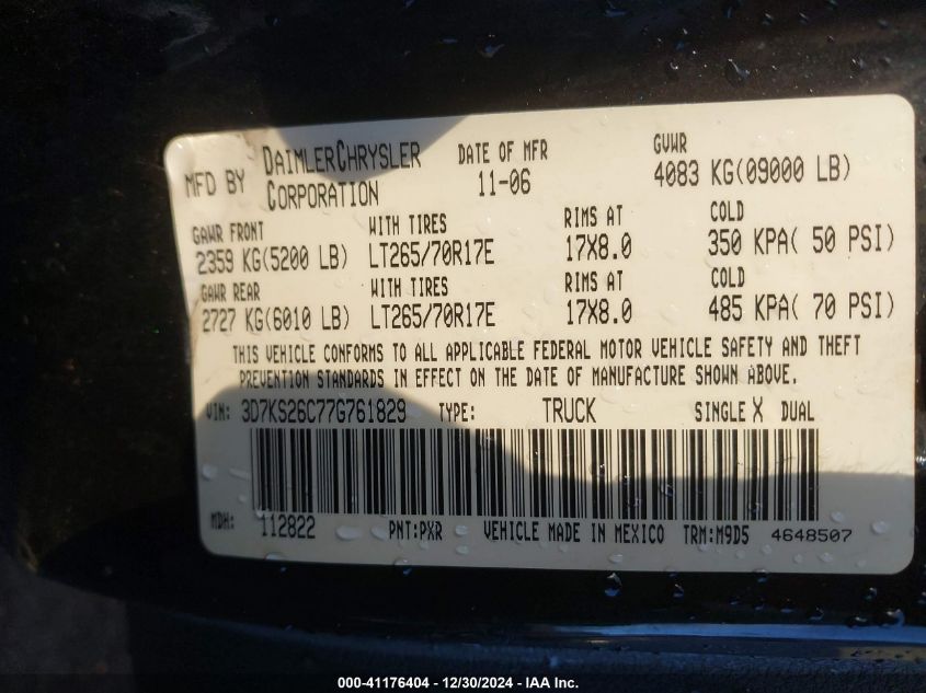 2007 Dodge Ram 2500 Slt/Trx4 Off Road/Sport/Power Wagon VIN: 3D7KS26C77G761829 Lot: 41176404