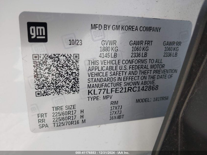 VIN KL77LFE21RC142868 2024 Chevrolet Trax, Fwd Sp no.9