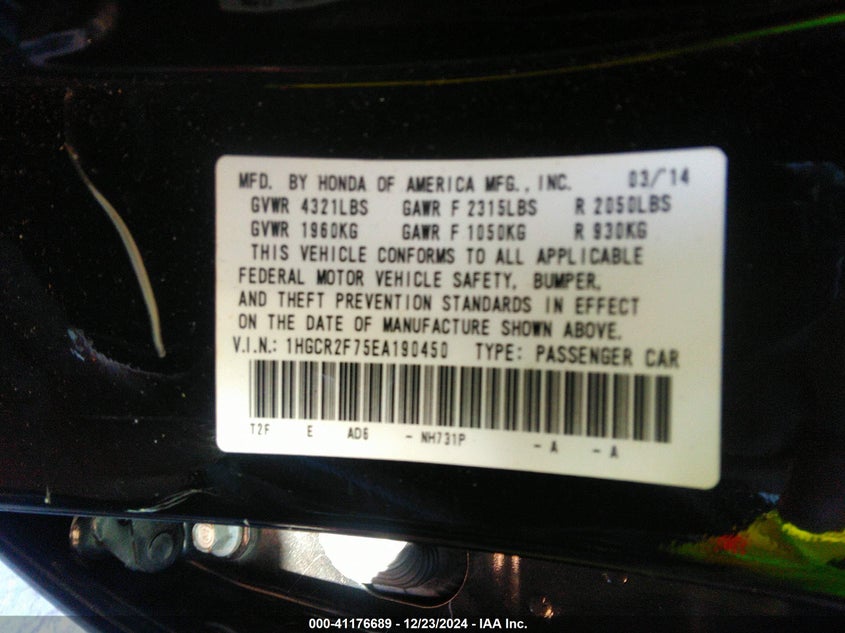 2014 HONDA ACCORD VIN: 1HGCR2F75EA190450