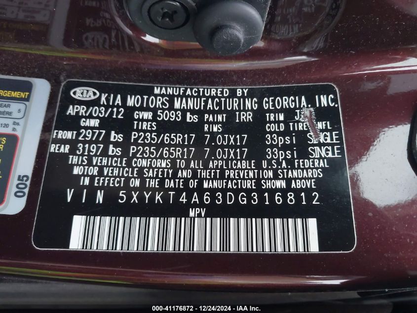 2013 KIA SORENTO LX - 5XYKT4A63DG316812