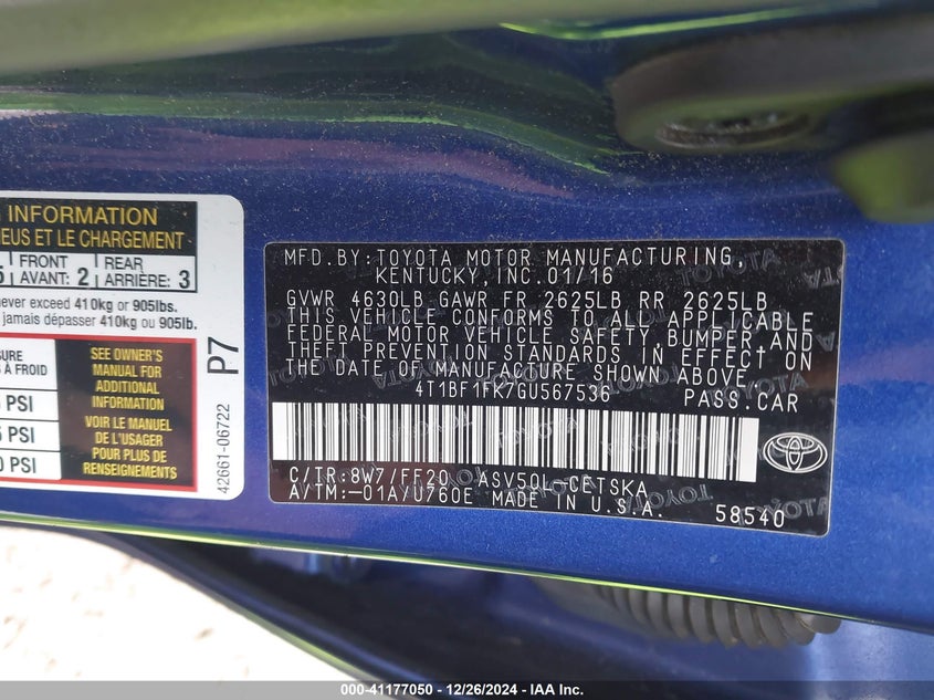 2016 TOYOTA CAMRY VIN: 4T1BF1FK7GU567536